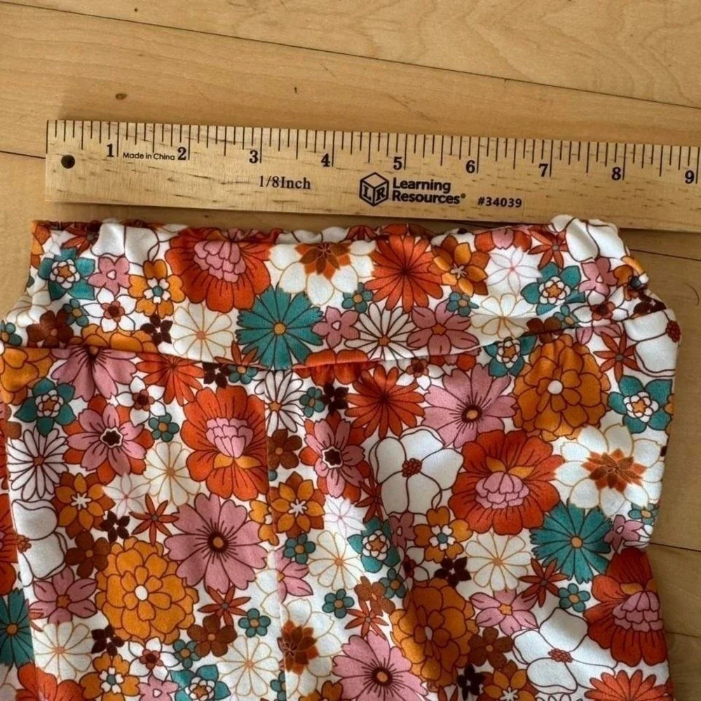 Girls Retro 70s style Floral Bell Bottom Flare Pants Orange Teal Boho 2-3Y